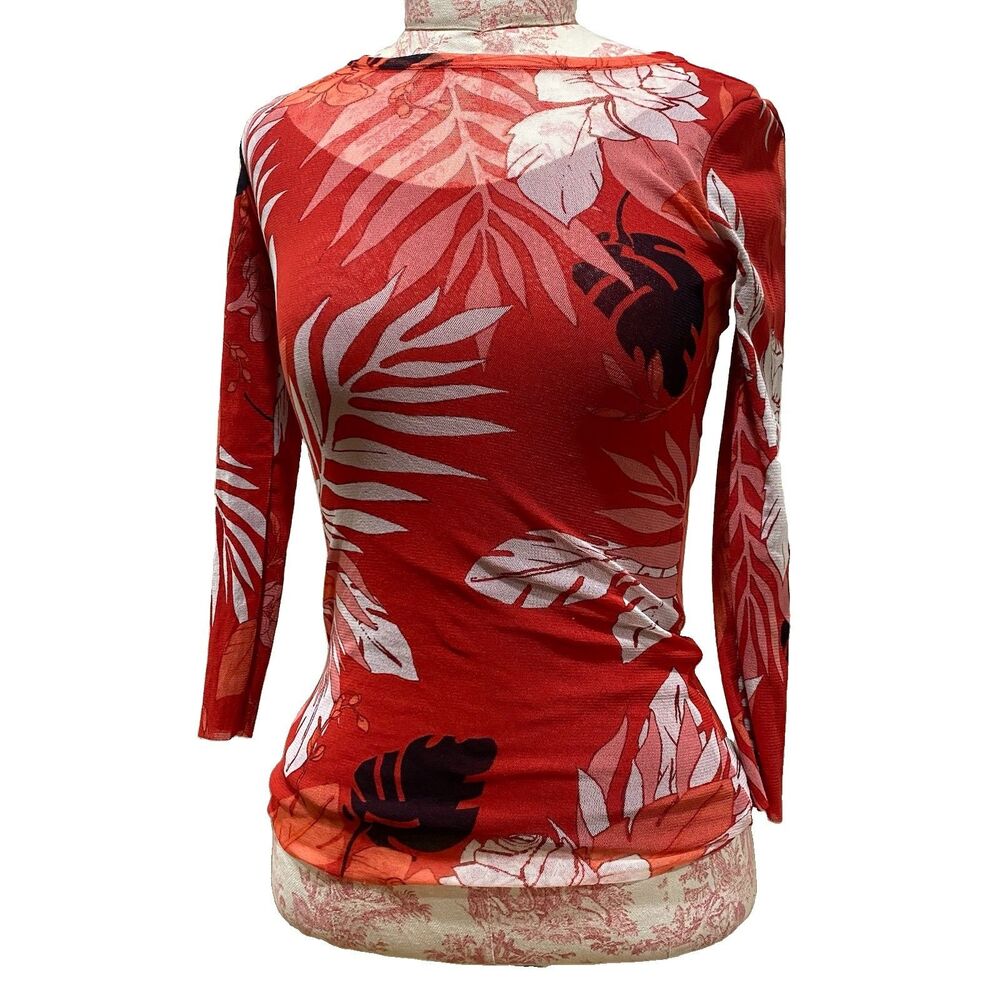 Fuzzi Italy Mesh Tropical Floral Long Sleeve Top Sz XS Red Sheer Festival JPG